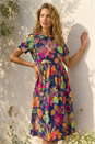Navy  Floral Print Smock Midi Dress, Image 2 of 4