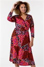 Red Curve Patchwork Floral Print Wrap Dress, Image 3 of 5