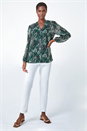 Green Animal Print Button Up Front V-Neck Blouse, Image 2 of 5