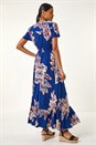 Blue Leaf Print Shirred Maxi Dress, Image 3 of 5