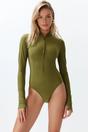 Khaki Zip Front High Neck Long Sleeve Swimsuit, Image 1 of 5