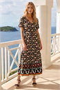Black Petite Abstract Print V-Neck Midi Dress, Image 1 of 4