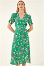 Green Floral Ruched Sleeve Dress, Image 3 of 5