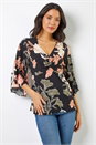 Black Tropical Print V-Neck Ruched Tunic Top, Image 1 of 5