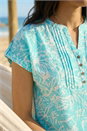 Turquoise Leaf Print V-Neck Button Top, Image 4 of 4