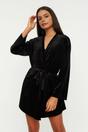 Black WOVCOR Black Soft Feeling Velvet Knit Dressing Gown, Image 1 of 3