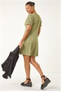 Khaki Broderie Cotton Stretch Jersey Frill Dress, Image 3 of 7
