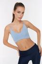 Light Blue Plunge V-Neck Thin Strap Supportive Sports Bra, Image 1 of 3