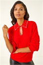 Red Faux Pearl Collared Keyhole Knit Jumper, Image 1 of 5