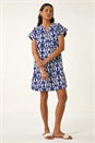 Navy  Aztec Print Linen Blend Shift Dress, Image 2 of 5