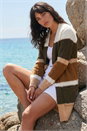 Khaki Colour Block Longline Knit Cardigan, Image 2 of 4