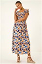 ORANGE Floral Print Shirred Stretch Maxi Dress, Image 2 of 5