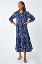 Navy  Floral Print Midi Shirt Dress, Image 2 of 5