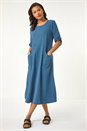 Blue Textured A-line Midi Dress, Image 1 of 5