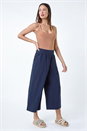 Navy  Elastic Waist Wide Leg Cotton Cropped Culottes, Image 2 of 5