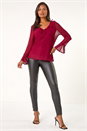 Wine V-Neck Frill Neck Tie Sleeve Mesh Top, Image 1 of 5