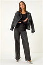 Black Coated Stretch Waist Wide Leg Jeans, Image 3 of 7