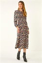 Mauve Geometric Print Shirred Midi Dress, Image 2 of 5