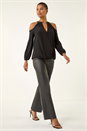 Black V-Neck Cold Shoulder Wrap Stretch Top, Image 2 of 6