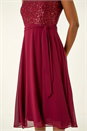 Bordeaux Sequin Bodice Betlted Chiffon Dress, Image 5 of 6