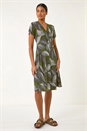 KHAKI Leaf Print Ring Detail Midi Dress, Image 1 of 5