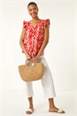 Red Printed Frill Sleeve Button Up Blouse, Image 2 of 5