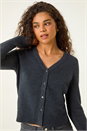 Dark Grey Sparkly V-Neck Ribbed Cardigan, Image 2 of 5