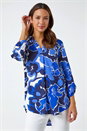 Royal Blue Floral Print V-Neck Pleat Front Top, Image 1 of 6