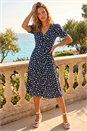 Navy  Polka Dot Ruched Sleeve Midi Dress, Image 2 of 4