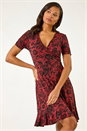 Rust Floral Print Wrap Frill Stretch Dress, Image 4 of 5