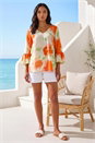 Orange Floral Print Frill Sleeve Top, Image 2 of 4