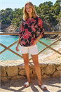 Black Floral Puff Print Stretch Shirt, Image 2 of 4