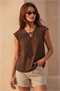 Chocolate Satin Crochet Tie Front Tunic Top, Image 1 of 4