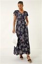 Navy  Leaf Print V-Neck Maxi Dress, Image 2 of 5