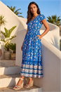 Royal Blue Floral Border Print Midi Dress, Image 1 of 4