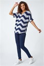 Navy  Zip Front V-Neck Zig Zag Top, Image 2 of 5