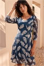 Teal Leaf Print Lace Stretch Dress, Image 1 of 4