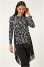 Black Floral Puff Print Chiffon Hem Top, Image 2 of 5