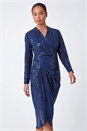 Midnight Blue Petite Sequin Wrap Midi Dress, Image 2 of 5