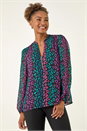 Teal Animal Print Zip Front Top, Image 4 of 5