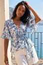 Blue Floral Frill Wrap Top, Image 1 of 4