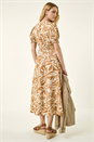 Camel  Abstract Print Button Midi Dress, Image 3 of 5