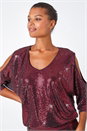 Red Cold Shoulder Sequin Stretch Top , Image 4 of 5