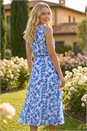 Blue Floral Print Pleat Neck Midi Dress, Image 3 of 4