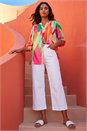 Pink Abstract Print V-Neck Button Up Blouse, Image 2 of 4