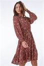 Rust Ditsy Floral Print Tie Neck Dress , Image 1 of 5