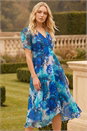 Blue Floral Print Chiffon Midi Dress, Image 1 of 4