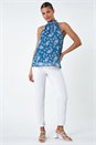 Blue Floral Print Halter Neck Frill Top, Image 2 of 5