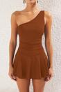 Brown WOVCOR Brown Asymmetric One Shoulder Ruched Swimsuit with Skort Detail, Image 2 of 4