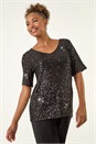 Black Sequin Embellished V-Neck Top, Image 4 of 5